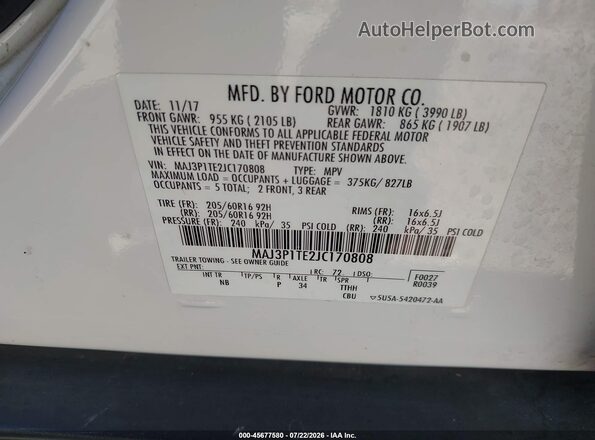 MAJ3P1TE2JC170808 2018 FORD ECOSPORT White Вид підкапотного простору