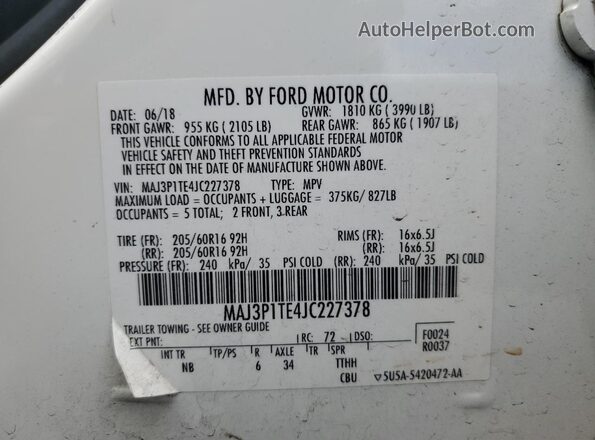 MAJ3P1TE4JC227378 2018 FORD ECOSPORT White VIN კოდის სტიკერის ხედი