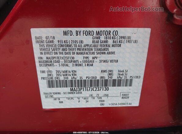 MAJ3P1TE7JC237130 2018 FORD ECOSPORT Red Engine compartment view