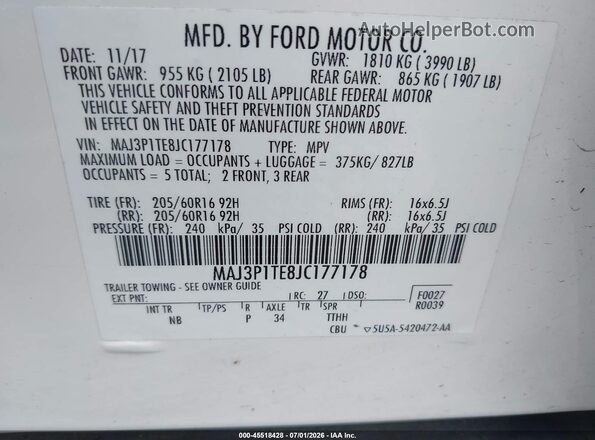 MAJ3P1TE8JC177178 2018 FORD ECOSPORT White Շարժիչի բաժամունքի տեսք