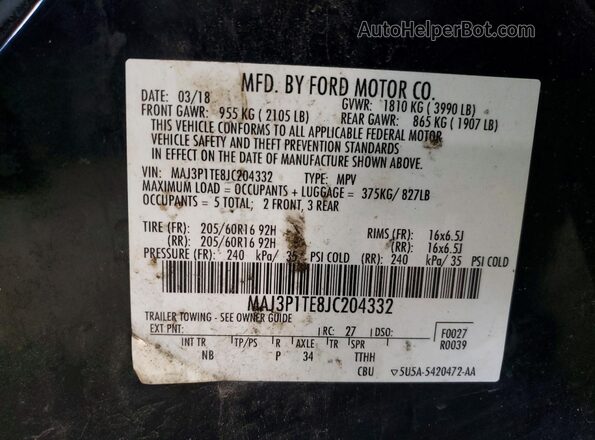 MAJ3P1TE8JC204332 2018 FORD ECOSPORT Black Вид наклейки з VIN-кодом