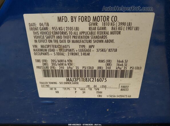 MAJ3P1TE8JC216075 2018 FORD ECOSPORT Blue Շարժիչի բաժամունքի տեսք