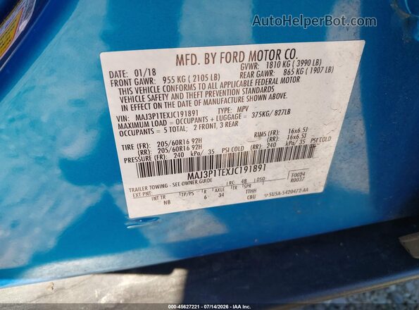 MAJ3P1TEXJC191891 2018 FORD ECOSPORT Blue Շարժիչի բաժամունքի տեսք