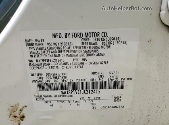MAJ3P1VE1JC212415 2018 FORD ECOSPORT White Вид наклейки з VIN-кодом
