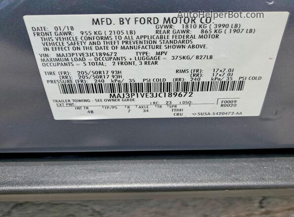 MAJ3P1VE3JC189672 2018 FORD ECOSPORT Gray Widok naklejki z numerem VIN