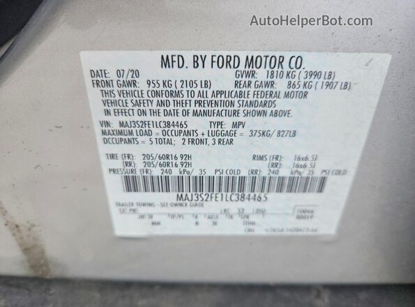 MAJ3S2FE1LC384465 2020 FORD ECOSPORT Silver Вид наклейки з VIN-кодом