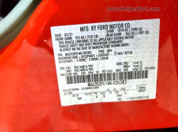 MAJ3S2FE1MC420382 2021 FORD ECOSPORT Red Вид наклейки з VIN-кодом