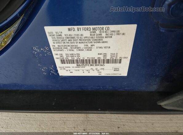 MAJ3S2FE3KC304565 2019 FORD ECOSPORT Blue Շարժիչի բաժամունքի տեսք