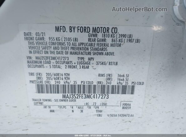 MAJ3S2FE3MC417273 2021 FORD ECOSPORT White Շարժիչի բաժամունքի տեսք