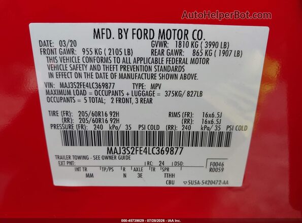 MAJ3S2FE4LC369877 2020 FORD ECOSPORT Red ძრავის განყოფილების ხედი