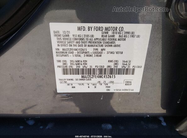 MAJ3S2FE4MC452615 2021 FORD ECOSPORT Серый Вид подкапотного пространства