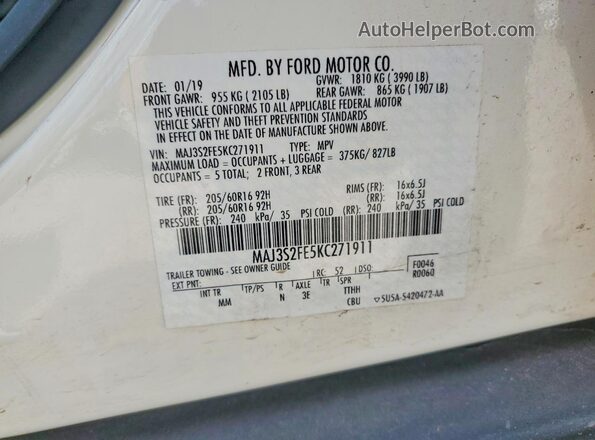 MAJ3S2FE5KC271911 2019 FORD ECOSPORT White Vista de la etiqueta del VIN