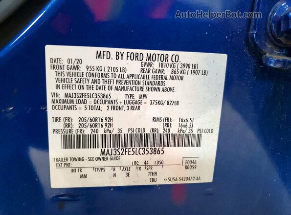 MAJ3S2FE5LC353865 2020 FORD ECOSPORT Blue Vista de la etiqueta del VIN