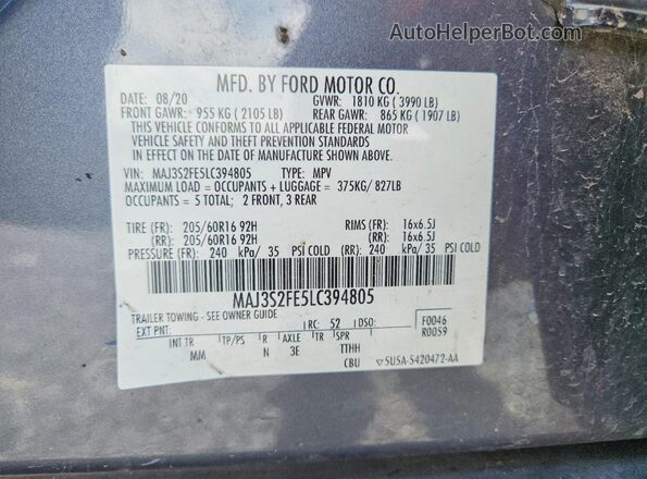 MAJ3S2FE5LC394805 2020 FORD ECOSPORT Gray Вид наклейки з VIN-кодом