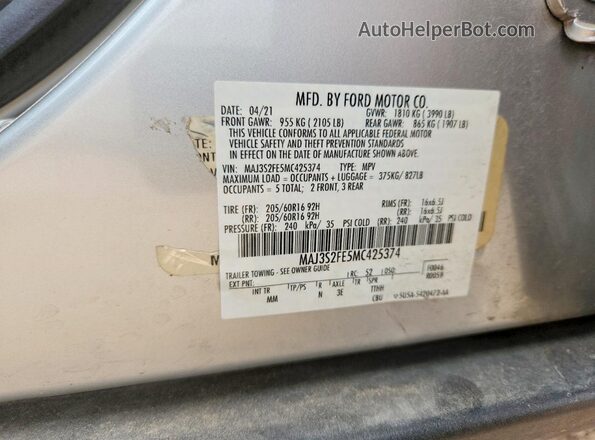 MAJ3S2FE5MC425374 2021 FORD ECOSPORT Silver VIN კოდის სტიკერის ხედი
