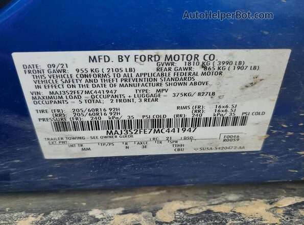 MAJ3S2FE7MC441947 2021 FORD ECOSPORT Синий Вид наклейки с VIN-кодом