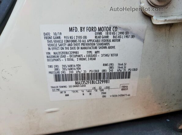 MAJ3S2FE8LC329981 2020 FORD ECOSPORT White Widok naklejki z numerem VIN