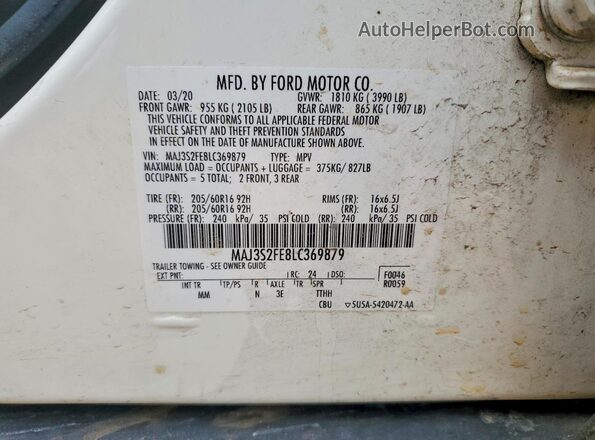 MAJ3S2FE8LC369879 2020 FORD ECOSPORT White VIN კოდის სტიკერის ხედი