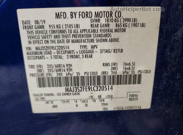 MAJ3S2FE9LC320514 2020 FORD ECOSPORT Blue Вид підкапотного простору
