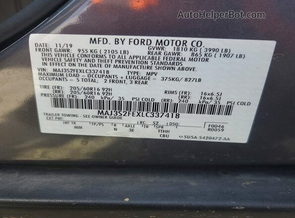MAJ3S2FEXLC337418 2020 FORD ECOSPORT Серый Вид наклейки с VIN-кодом