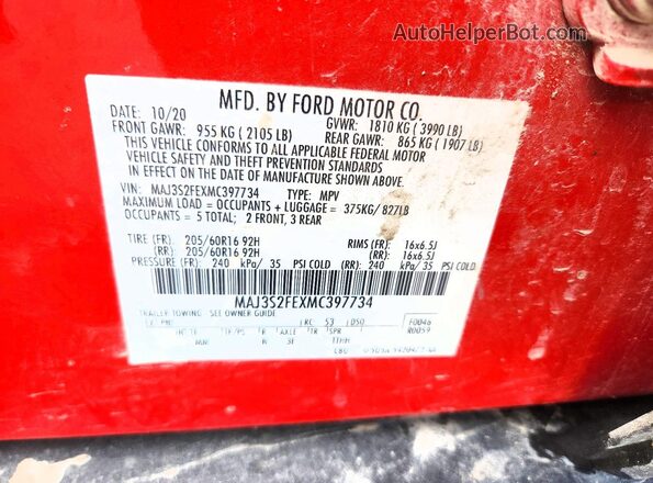 MAJ3S2FEXMC397734 2021 FORD ECOSPORT Red Vista de la etiqueta del VIN