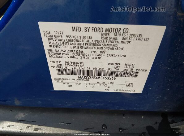 MAJ3S2FEXMC453266 2021 FORD ECOSPORT Blue Widok komory silnika