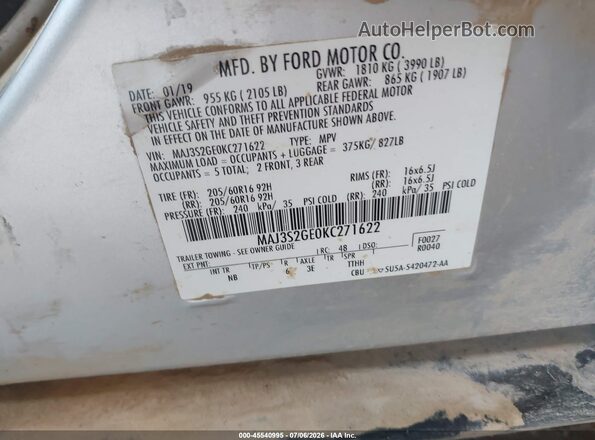MAJ3S2GE0KC271622 2019 FORD ECOSPORT Silver Engine compartment view