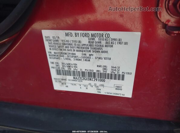 MAJ3S2GE0KC291000 2019 FORD ECOSPORT Red Vista del compartimento del motor