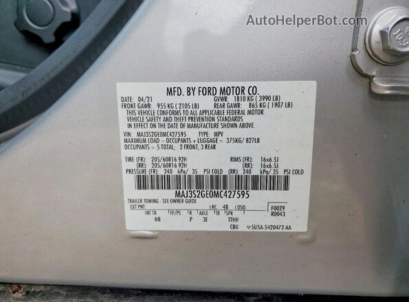 MAJ3S2GE0MC427595 2021 FORD ECOSPORT Silver VIN կոդի պիտակի տեսք
