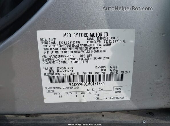 MAJ3S2GE0MC451735 2021 FORD ECOSPORT Silver Widok komory silnika