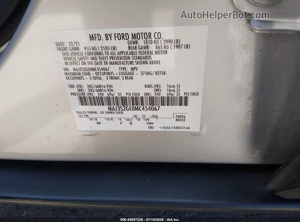MAJ3S2GE0MC454067 2021 FORD ECOSPORT Серебряный Вид подкапотного пространства