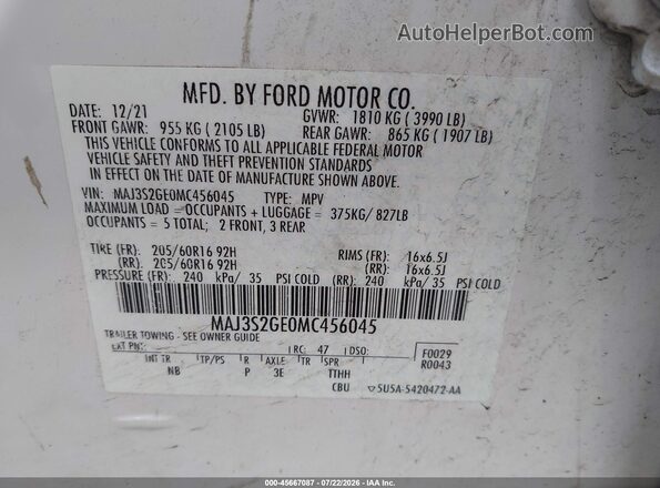 MAJ3S2GE0MC456045 2021 FORD ECOSPORT Белый Вид подкапотного пространства