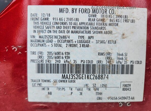 MAJ3S2GE1KC268874 2019 FORD ECOSPORT Red ძრავის განყოფილების ხედი