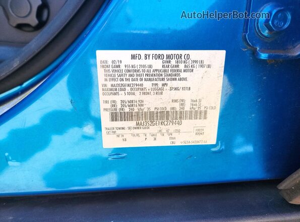 MAJ3S2GE1KC279440 2019 FORD ECOSPORT Blue VIN კოდის სტიკერის ხედი