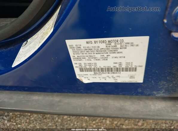 MAJ3S2GE1KC280412 2019 FORD ECOSPORT Blue Engine compartment view
