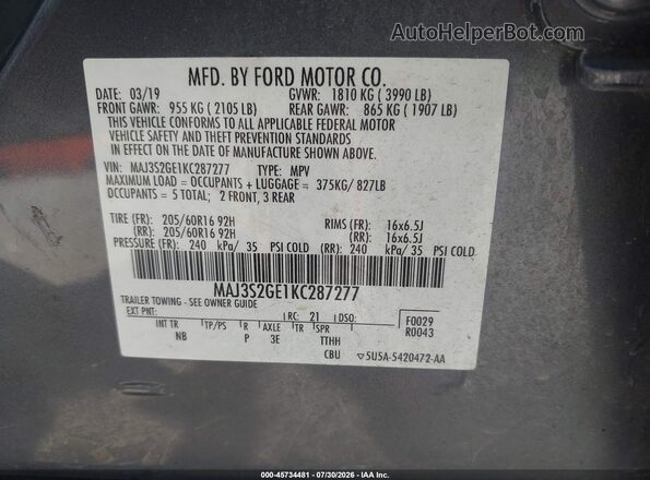 MAJ3S2GE1KC287277 2019 FORD ECOSPORT Gray Շարժիչի բաժամունքի տեսք