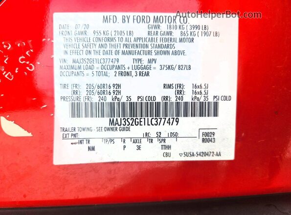 MAJ3S2GE1LC377479 2020 FORD ECOSPORT Red Widok naklejki z numerem VIN