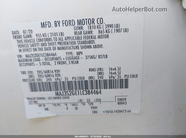 MAJ3S2GE1LC384464 2020 FORD ECOSPORT White Вид підкапотного простору