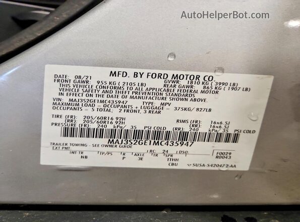 MAJ3S2GE1MC435947 2021 FORD ECOSPORT Silver Widok wnętrza 360 stopni