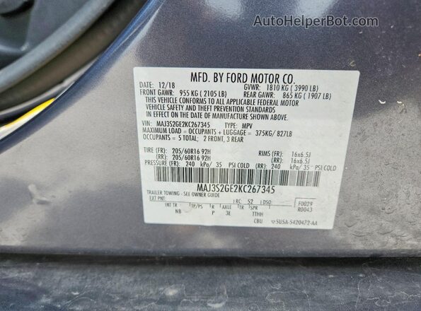 MAJ3S2GE2KC267345 2019 FORD ECOSPORT Charcoal Вид наклейки з VIN-кодом