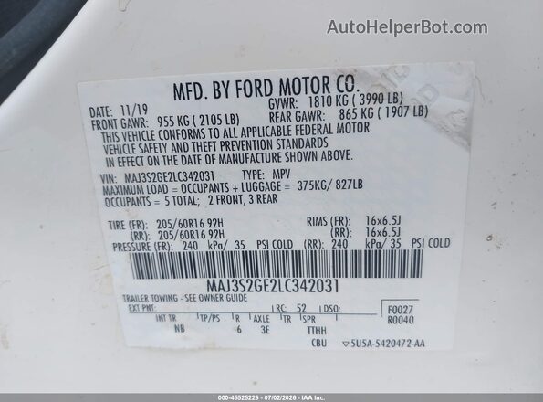 MAJ3S2GE2LC342031 2020 FORD ECOSPORT White Engine compartment view