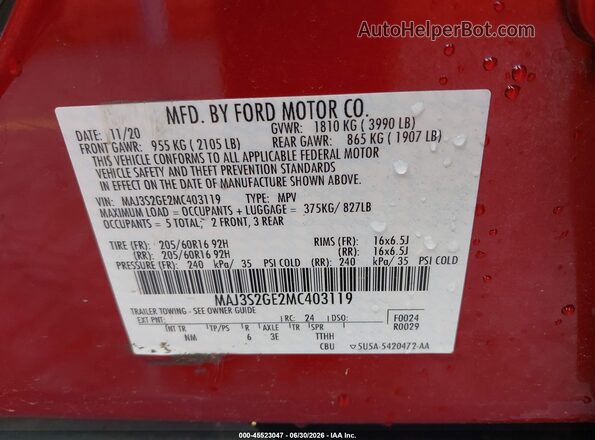 MAJ3S2GE2MC403119 2021 FORD ECOSPORT Red Vista del compartimento del motor