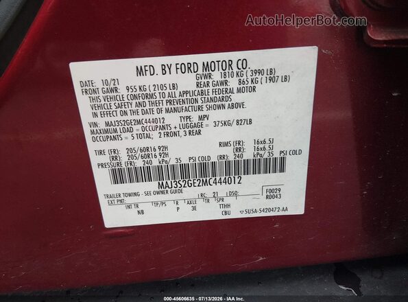 MAJ3S2GE2MC444012 2021 FORD ECOSPORT Red ძრავის განყოფილების ხედი