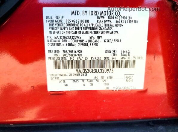 MAJ3S2GE3LC320975 2020 FORD ECOSPORT Red Widok wnętrza 360 stopni