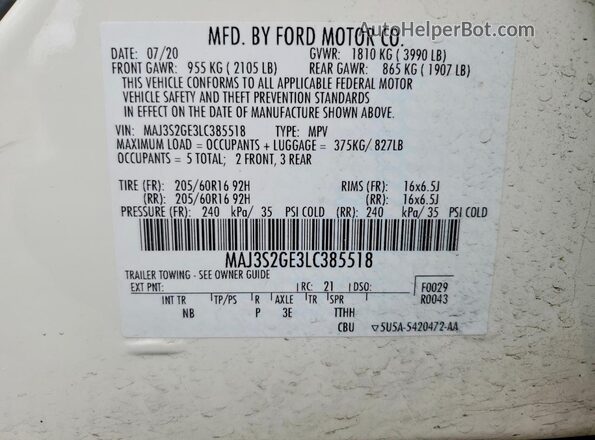 MAJ3S2GE3LC385518 2020 FORD ECOSPORT White Vista de la etiqueta del VIN