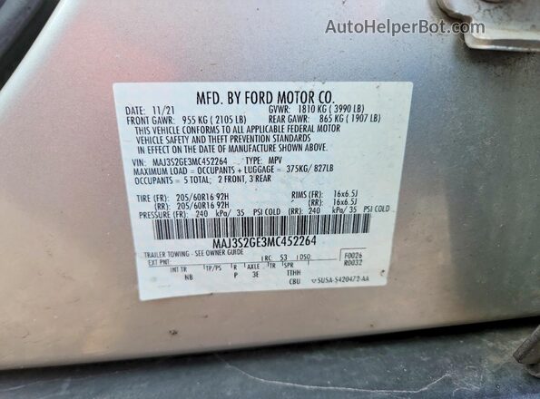 MAJ3S2GE3MC452264 2021 FORD ECOSPORT Зеленый Вид наклейки с VIN-кодом