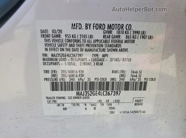 MAJ3S2GE4LC367397 2020 FORD ECOSPORT White ძრავის განყოფილების ხედი