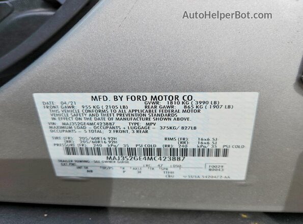 MAJ3S2GE4MC423887 2021 FORD ECOSPORT Silver Widok naklejki z numerem VIN