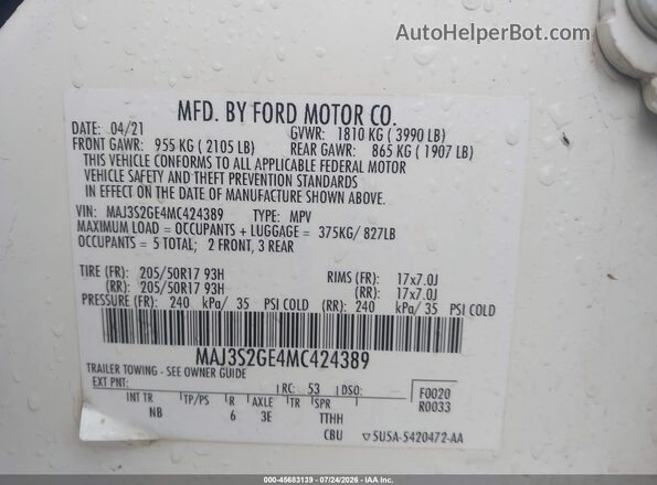 MAJ3S2GE4MC424389 2021 FORD ECOSPORT Белый Вид подкапотного пространства