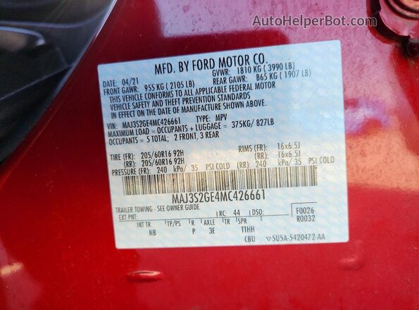 MAJ3S2GE4MC426661 2021 FORD ECOSPORT Red VIN sticker view
